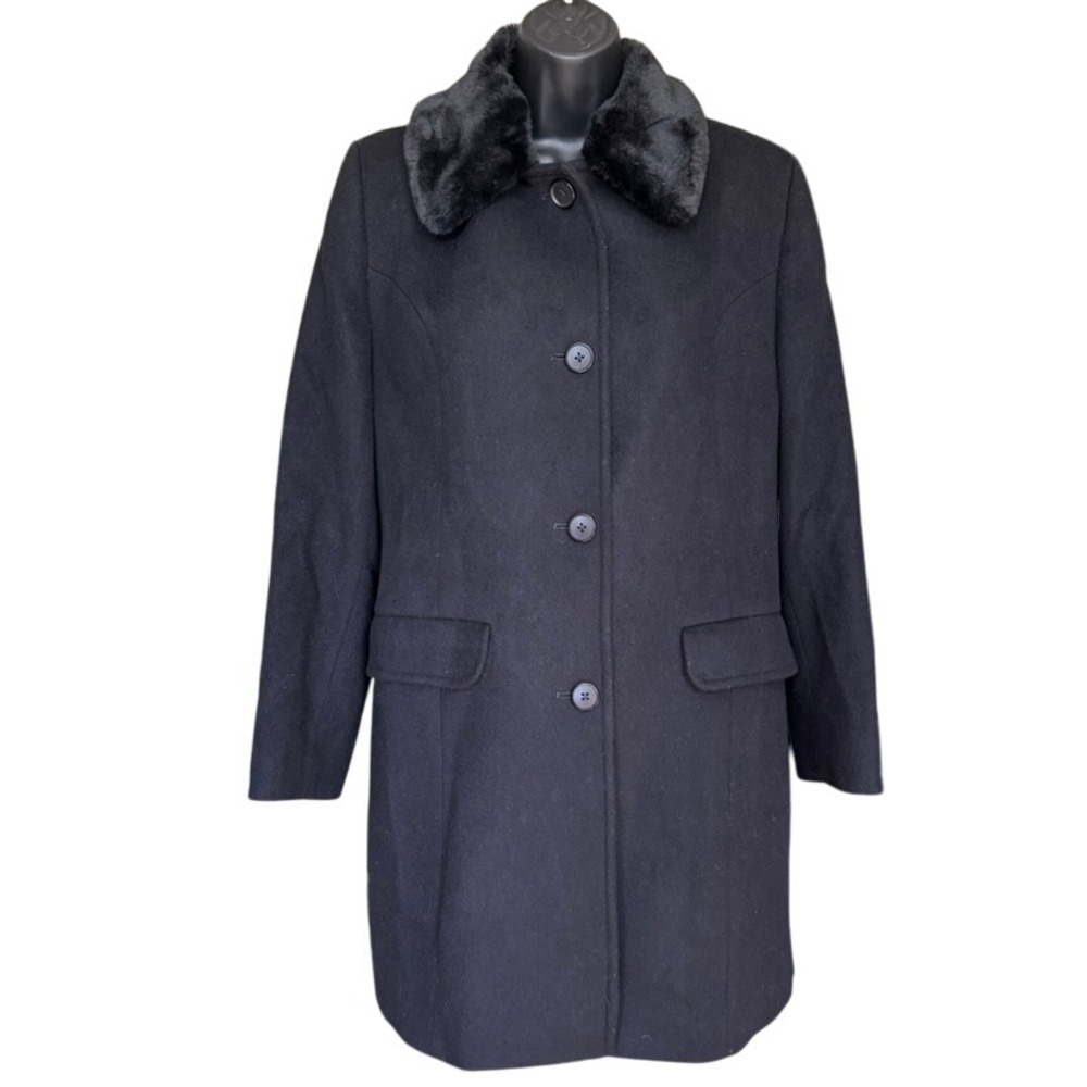 Vtg Larry Levine Wool Pea Coat Sz 6 Black Faux Fur Collar Old Money City Classic